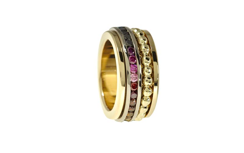 Kleurdiamanten, een ring met alle kleuren van de regenboog.